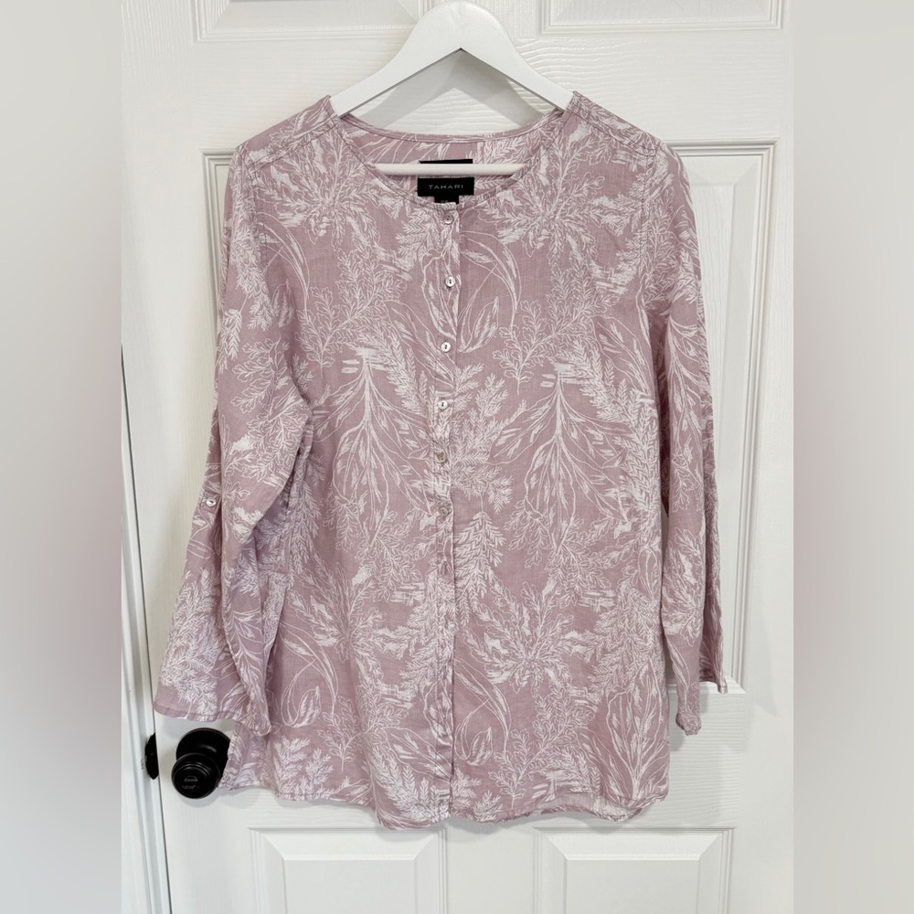 Tahari 100% Linen Lavender Botanical Plus Size Shirt Lightweight 1X Top